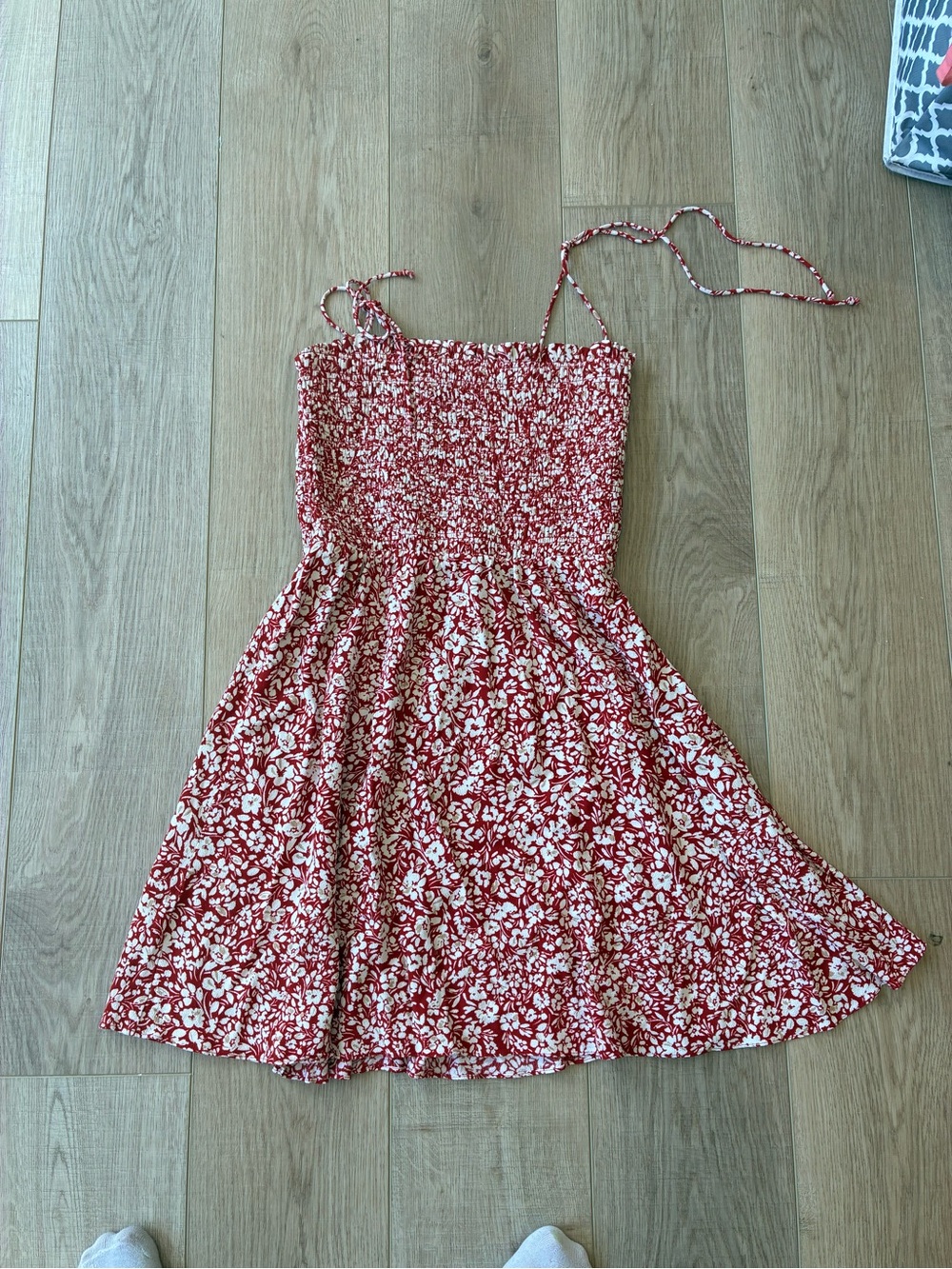 Madewell cottage core white and red floral smocked Sundress tie straps cotton 8